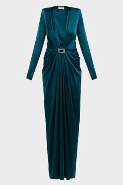 Shop Alexandre Vauthier V-neck Buckled Silk-satin Gown In Cobalt Blue