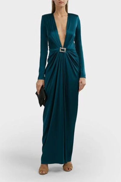 Shop Alexandre Vauthier V-neck Buckled Silk-satin Gown In Cobalt Blue
