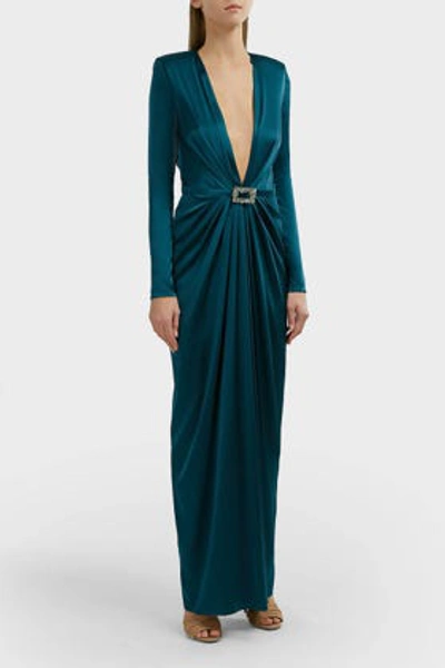 Shop Alexandre Vauthier V-neck Buckled Silk-satin Gown In Cobalt Blue