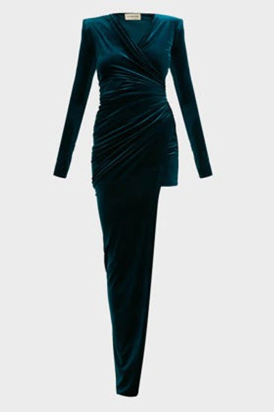 Shop Alexandre Vauthier Asymmetric V-neck Velvet Gown, Fr40 In Blue
