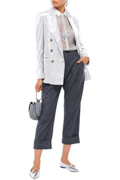 Shop Brunello Cucinelli Woman Cropped Pleated Metallic Wool-blend Straight-leg Pants Gray