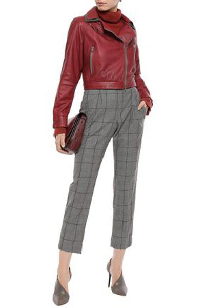 Shop Brunello Cucinelli Woman Cropped Bead-embellished Leather Biker Jacket Claret