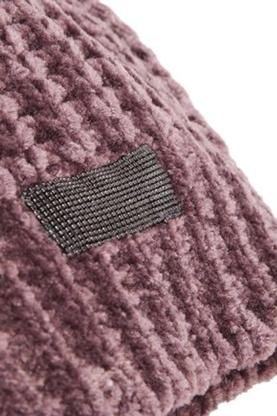 Shop Brunello Cucinelli Woman Bead-embellished Ribbed Cashmere-blend Beanie Lavender