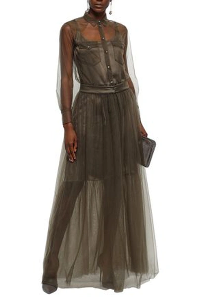 Shop Brunello Cucinelli Woman Satin-trimmed Gathered Tulle Gown Sage Green