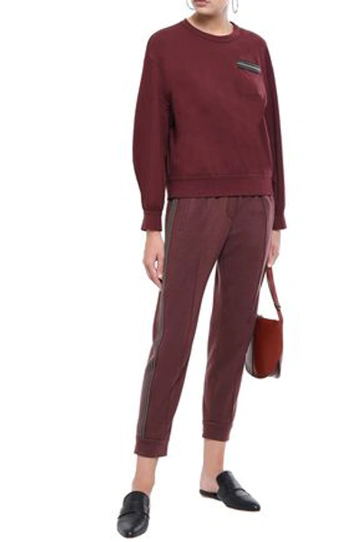 Shop Brunello Cucinelli Woman Cropped Bead-embellished Cashmere Track Pants Grape