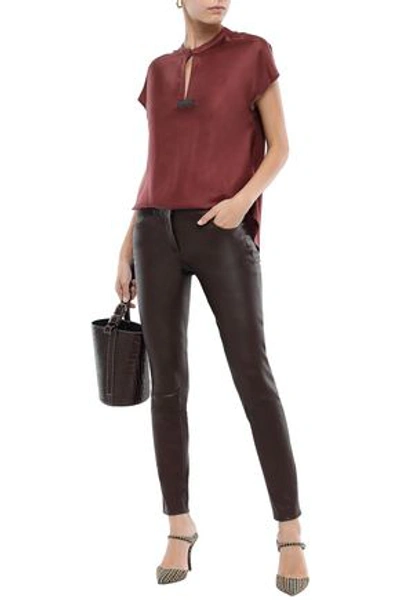 Shop Brunello Cucinelli Stretch-leather Skinny Pants In Burgundy