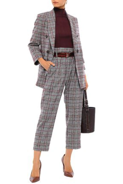 Shop Brunello Cucinelli Woman Belted Checked Brushed Wool-blend Straight-leg Pants Light Gray