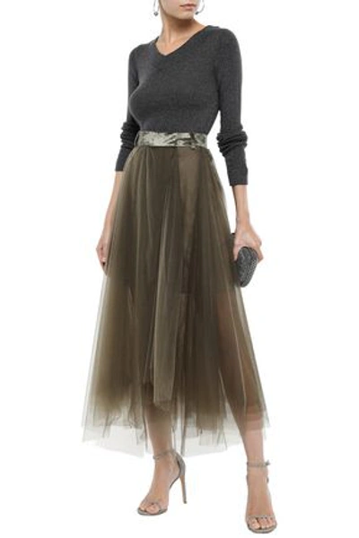Shop Brunello Cucinelli Woman Velvet-trimmed Layered Tulle Midi Skirt Army Green