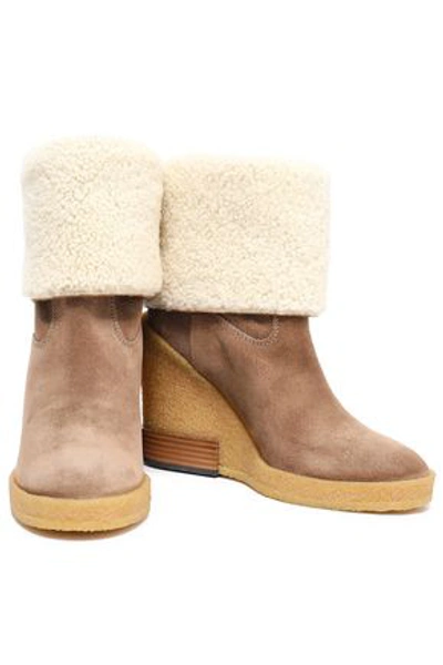 Shop Tod's Shearling Wedge Ankle Boots In Mushroom