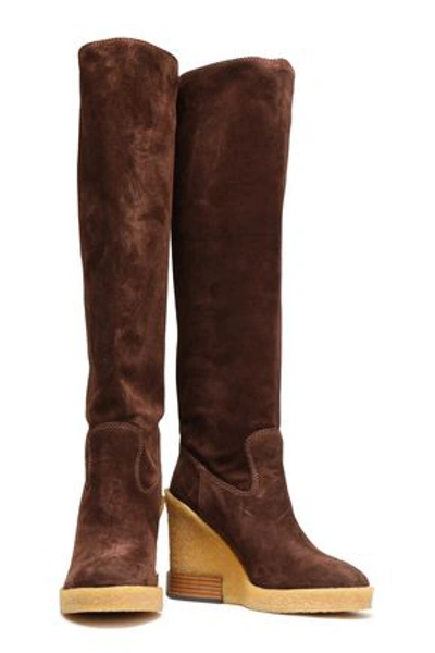Shop Tod's Suede Wedge Knee Boots In Chocolate