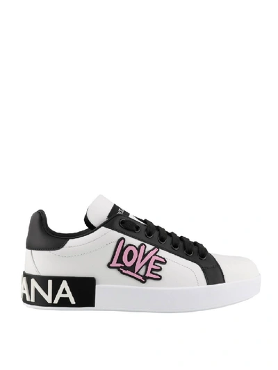 Shop Dolce & Gabbana Portofino Love Patch Leather Sneakers In White