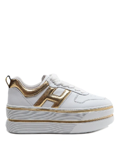 Shop Hogan H449 White And Gold Leather Sneakers