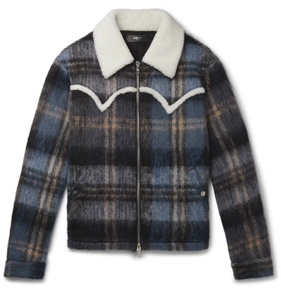 Shop Amiri Shearling-trimmed Checked Mohair-blend Jacket In Grey