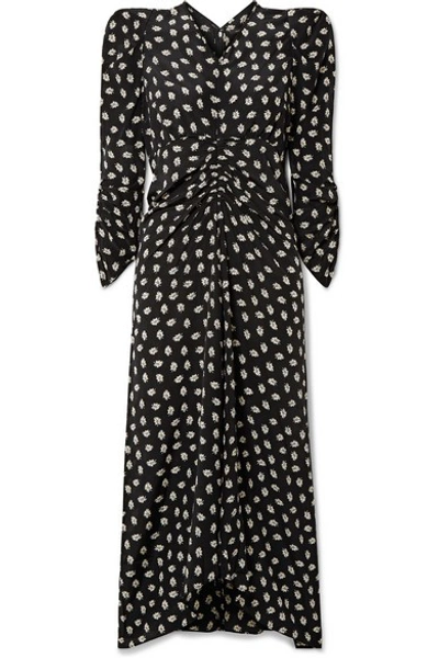 Shop Isabel Marant Ruched Floral-print Silk-crepe Midi Dress In Black