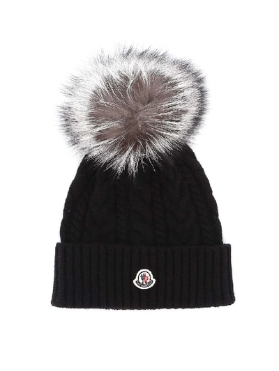 Shop Moncler Fur Pompom Black Cable Knit Beanie