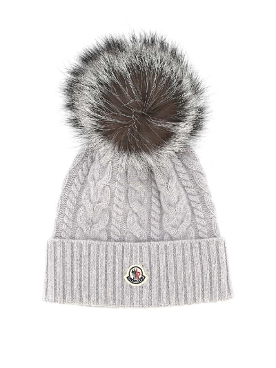 Shop Moncler Fur Pompom Cable Knit Wool Beanie In Grey