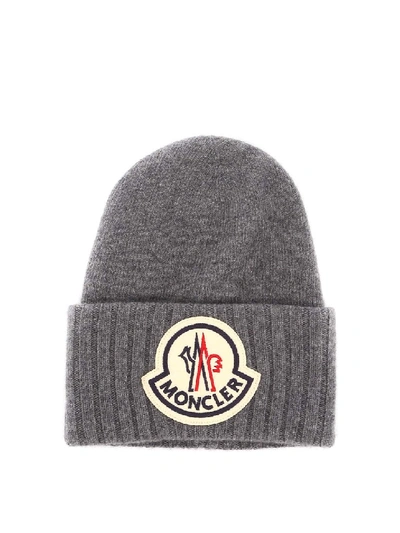 Shop Moncler Maxi Logo Patch Grey Beanie