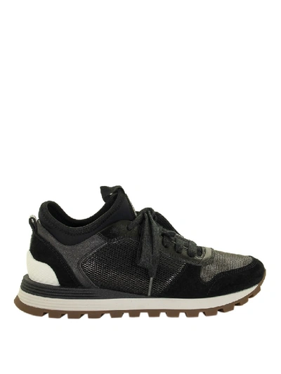 Shop Brunello Cucinelli Shiny Net And Suede Sneakers In Black