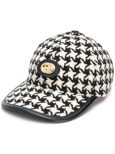 Shop Gucci Black & White Women's Houndstooth Claudia Cap In Grey