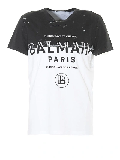 Shop Balmain Two-tone Logo Print T-shirt In White