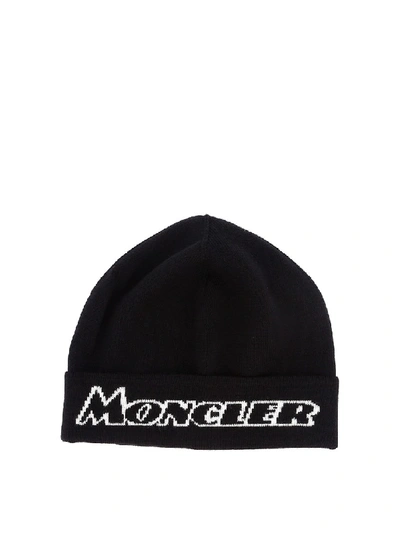 Shop Moncler Logo Lettering Intarsia Wool Beanie In Black