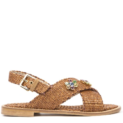 Shop Emanuela Caruso Sandals In Natural Rafia With Crystals In Brown