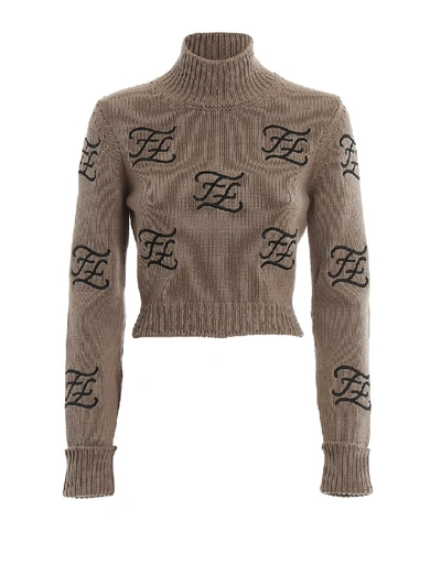 Shop Fendi Karligraphy Beige Cropped Turtleneck In Brown