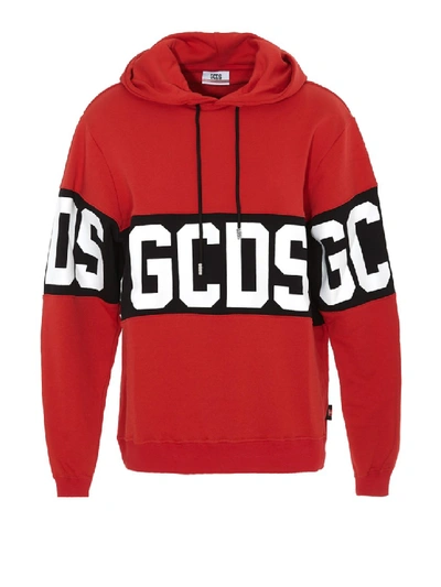 Shop Gcds Logo Print Red Cotton Hoodie