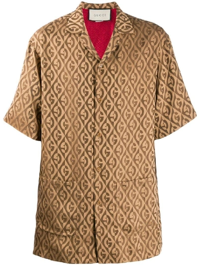 Shop Gucci Brown Unisex Logo Print Bowling Shirt