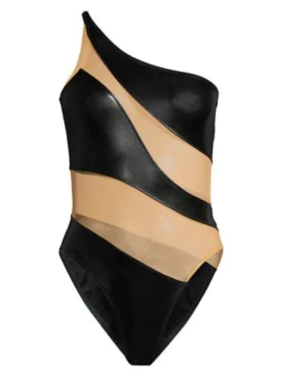 Shop Norma Kamali Snake Mesh One-shoulder One-piece Swimsuit In Black Foil