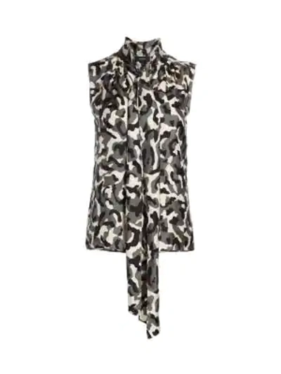 Shop Theory Camouflage Tie-neck Sleeveless Silk Blouse In Black Multi