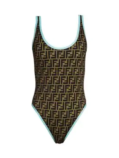 Shop Fendi Women's Allover Logo One-piece Swimsuit In Aqua
