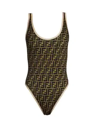 Shop Fendi Women's Allover Logo One-piece Swimsuit In Beige