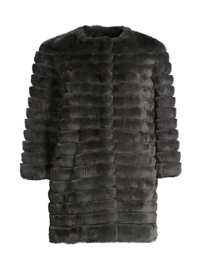 Shop Glamourpuss Rex Rabbit Fur Three-quarter Sleeve Corded Coat In Pewter