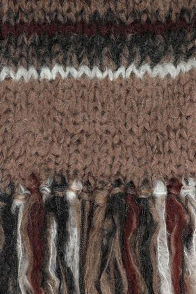 Shop Brunello Cucinelli Woman Fringed Bead-embellished Striped Mohair-blend Scarf Mushroom