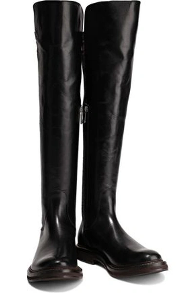 Shop Brunello Cucinelli Woman Stretch Knit-paneled Bead-embellished Leather Knee Boots Black