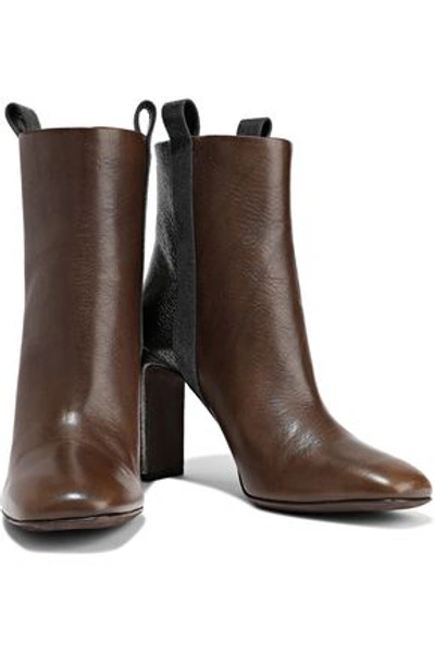 Shop Brunello Cucinelli Woman Bead-embellished Smooth And Metallic Cracked-leather Ankle Boots Brown