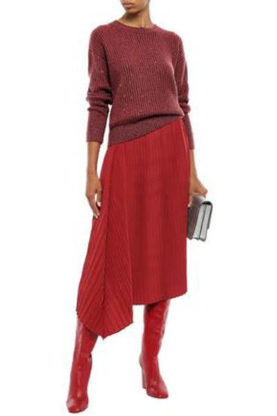 Shop Brunello Cucinelli Sequin-embellished Ribbed Cashmere And Silk-blend Sweater In Brick