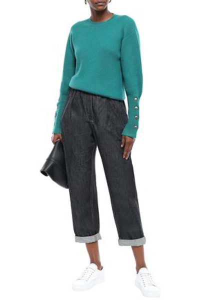 Shop Brunello Cucinelli Woman Button-detailed Ribbed Cashmere Sweater Jade