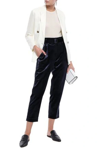 Shop Brunello Cucinelli Cropped Belted Cotton-blend Velvet Tapered Pants In Anthracite