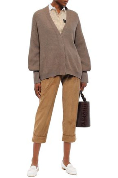 Shop Brunello Cucinelli Woman Bead-embellished Ribbed Cashmere Cardigan Tan