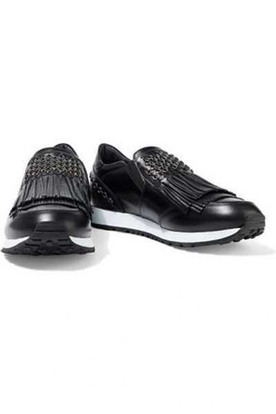 Shop Tod's Ring-embellished Fringed Glossed-leather Sneakers In Black