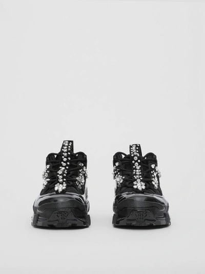 Shop Burberry Crystal Detail Suede And Mesh Arthur Sneakers In Black/crystal