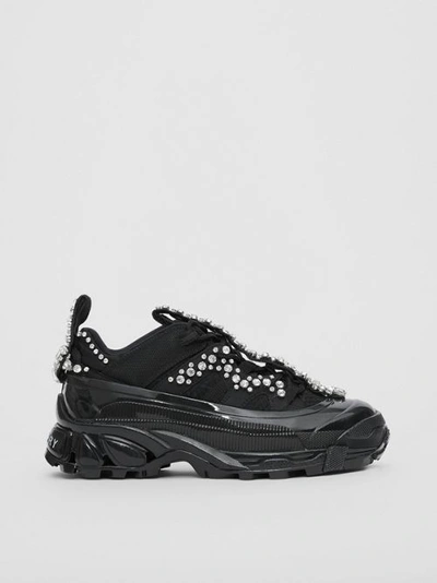 Shop Burberry Crystal Detail Suede And Mesh Arthur Sneakers In Black/crystal