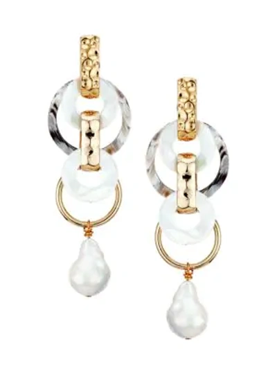 Shop Akola Women's 18mm Baroque Pearl, Mother-of-pearl & Horn Chain-link Earrings In Yellow Goldtone