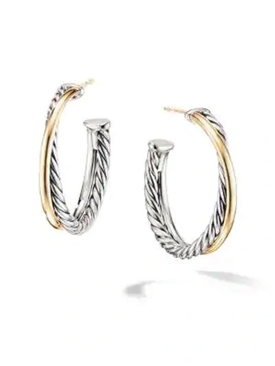 Shop David Yurman Crossover Medium Hoop Earrings With 18k Yellow Gold In Silver