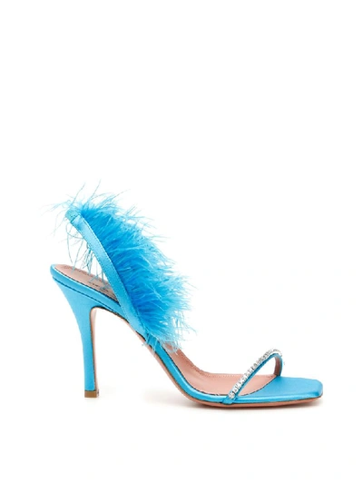 Shop Amina Muaddi Adwoa Crystal And Feather Sandals In Blu (light Blue)