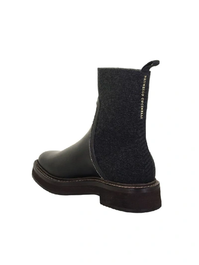 Shop Brunello Cucinelli Matte Calfskin And Cashmere Knit Boots With Shiny Contour In Black