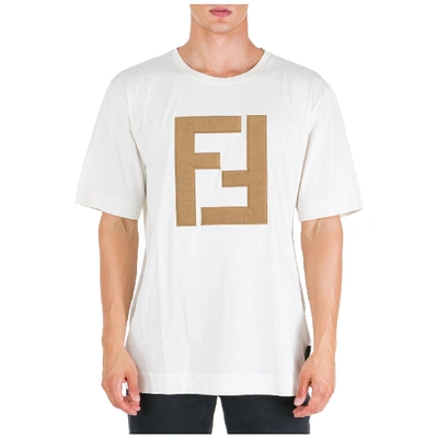 Shop Fendi Men's Short Sleeve T-shirt Crew Neckline Jumper In Beige