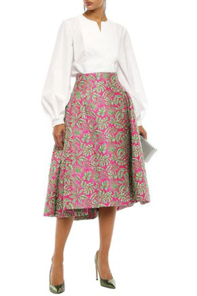 Shop Delpozo Woman Flared Pleated Jacquard Midi Skirt Fuchsia